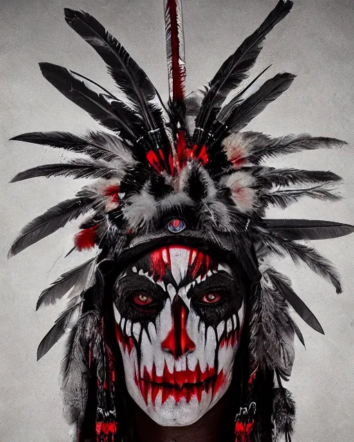 Image similar to the ghost - spirit of the grim - warpaint wears the scarlet skull armor and native blood headdress feathers, midnight fog - mist!, dark oil painting colors, realism, cinematic lighting, various refining methods, micro macro autofocus, ultra definition, award winning photo