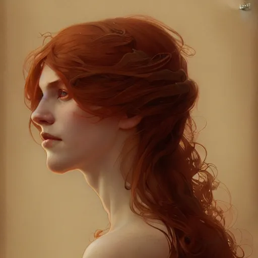 Image similar to A full portrait of Nordic female, 30 years old, brown red long hair, intricate, elegant, highly detailed, digital painting, artstation, concept art, smooth, sharp focus, illustration, art by Krenz Cushart and Artem Demura and alphonse mucha