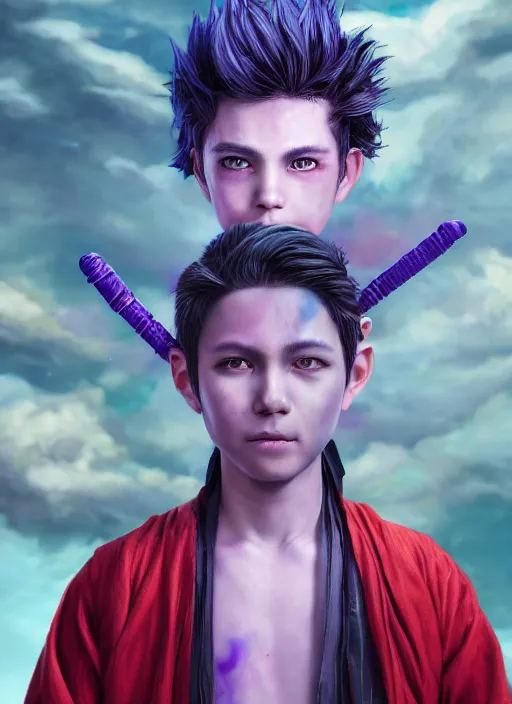 Prompt: An epic fantasy comic book style portrait painting of a young boy with straight indigo hair, purple eyes with red eye markers, slim body, wearing a detailed Japanese kimono with traits of the god Fuujin, holding a pair of fans. Unreal 5, DAZ, hyperrealistic, octane render, cosplay, RPG portrait, dynamic lighting