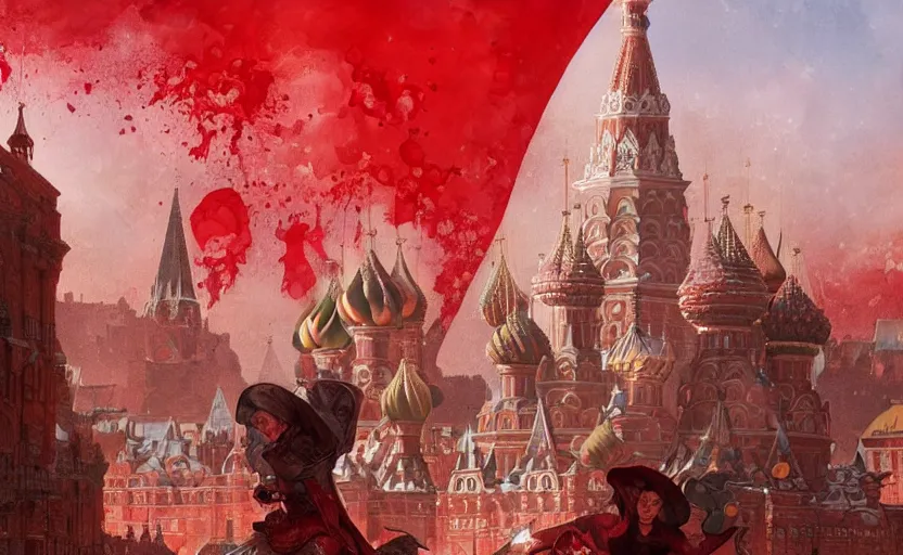 Image similar to Putin in Red Square full of blood, fantasy, intricate, highly detailed, digital painting, artstation, concept art, smooth, sharp focus, illustration, art by artgerm and greg rutkowski and alphonse mucha