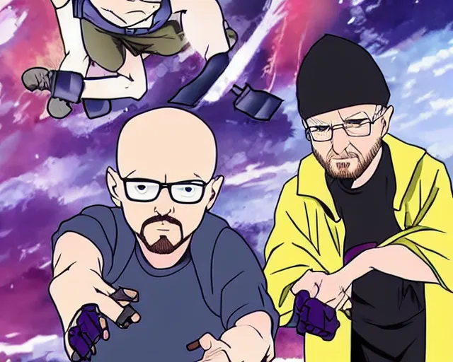 Image similar to Walter White fighting Jesse Pinkman in an anime