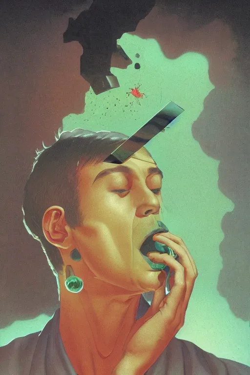 Image similar to a scifi closeup portrait of a young italian man licking a blotter paper of LSD acid on his tongue and dreaming psychedelic hallucinations in cosmos, by kawase hasui, moebius, Edward Hopper and James Gilleard, Zdzislaw Beksinski, Steven Outram colorful flat surreal design, hd, 8k, artstation