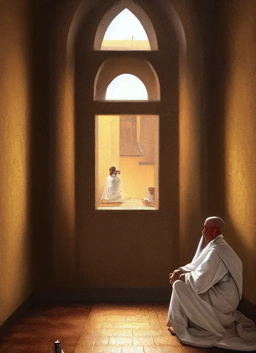 Image similar to oil painting of a dominican monk in robes, looking out a window contemplatively, digital art, artstation, cinematic, golden hour, digital art painting by greg rutkowski