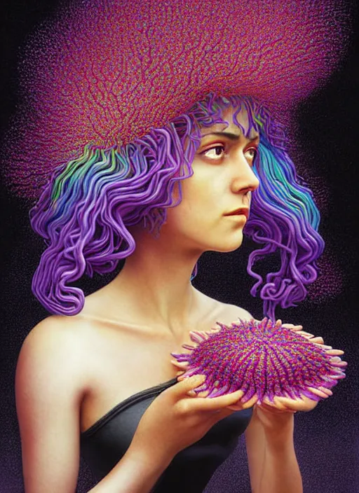 Prompt: hyper detailed 3d render like a Oil painting - Ramona Flowers with wavy black hair wearing thick mascara seen Eating of the Strangling network of colorful yellowcake and aerochrome and milky Fruit and Her staring intensely delicate Hands hold of gossamer polyp blossoms bring iridescent fungal flowers whose spores black the foolish stars by Jacek Yerka, kawaii ,Mariusz Lewandowski, cute silly face, Houdini algorithmic generative render, Abstract brush strokes, Masterpiece, Edward Hopper and James Gilleard, Zdzislaw Beksinski, Mark Ryden, Wolfgang Lettl, Dan Hiller, hints of Yayoi Kasuma, octane render, 8k