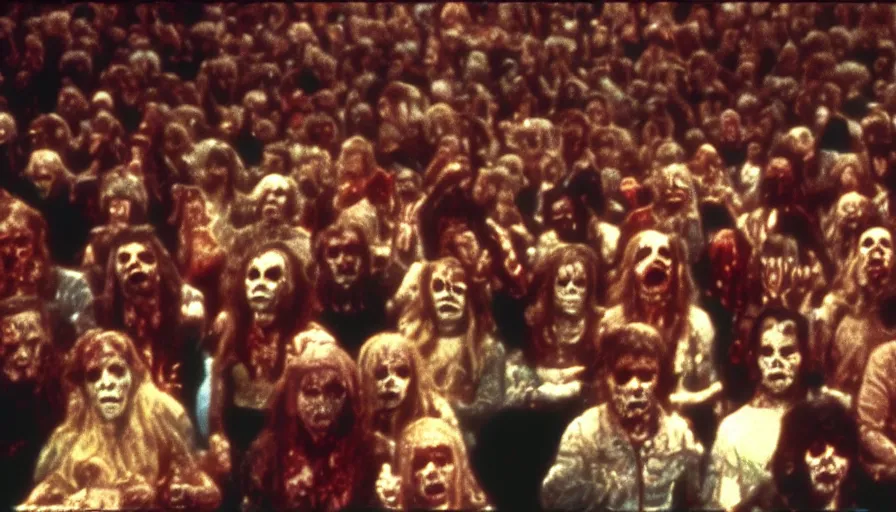 Prompt: 7 0 s film still from a horror movie of the price is right audience filled with zombies, kodachrome, cinecolor, cinestill, photorealism, cinematic, film grain, film texture, vhs recording