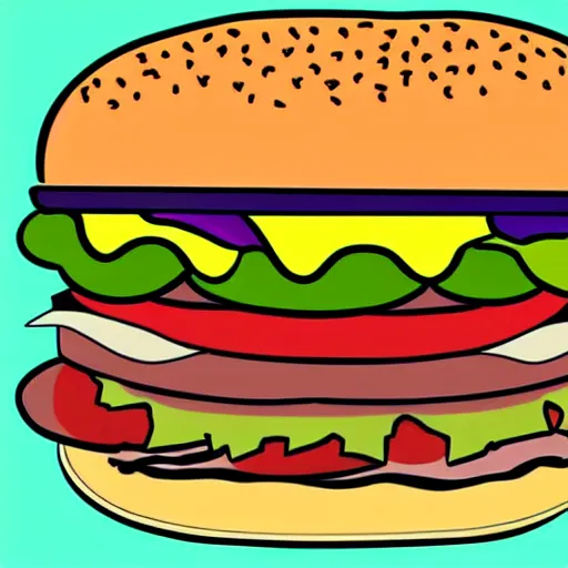 Prompt: a beautiful masterpiece of a delicious burger. cartoony, artwork, colorful