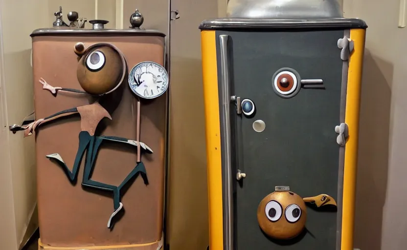 Prompt: an anthropomorphic steampunk mid century retro refrigerator with arms and legs and googly eyes running in the boston marathon