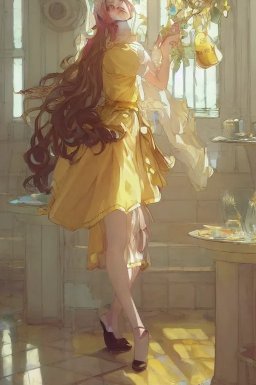 Image similar to A girl in a maid's outfit in a cafe a afternoon, wavy hair yellow theme,S line,45 angel by krenz cushart and mucha and arknights and greg rutkowski