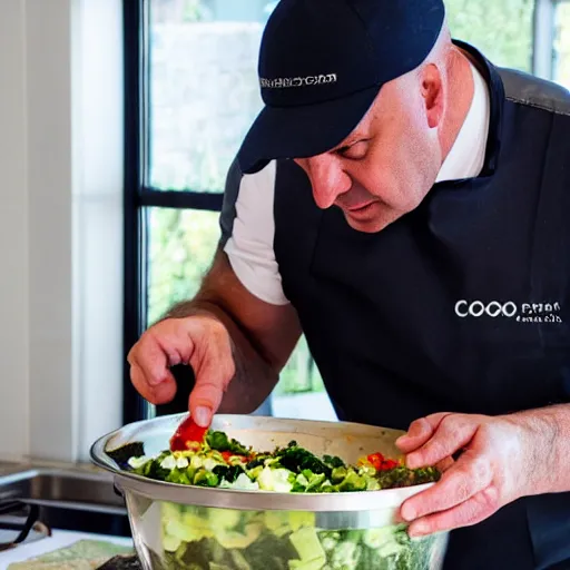 Prompt: Cook Chief Kevin O'Leary cooking a greek salad, in Shark Tank (2016), 50mm photography