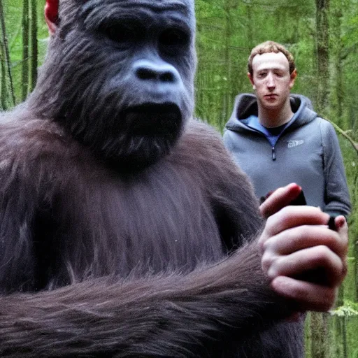 Prompt: trail cam footage mark zuckerberg caught selling drugs to bigfoot, extremely incriminating evidence, photo credit the associated press, night vision camera