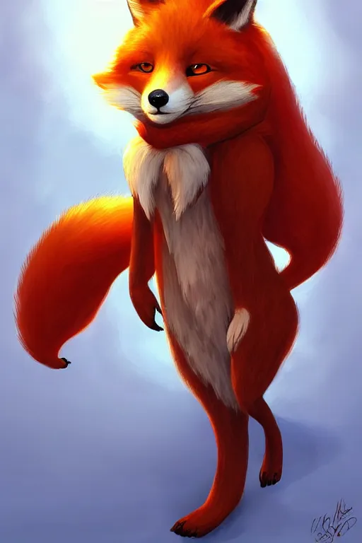 Prompt: an anthropomorphic fox with a fluffy tail wearing a scarf, backlighting, trending on artstation, digital art, furry art, trending on furaffinity