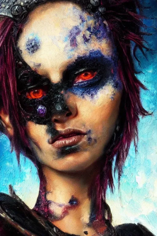 Image similar to hyperrealism oil painting, close - up portrait of punk gothic medieval brunette fashion model, knight, steel gradient mixed with nebula sky, in style of baroque