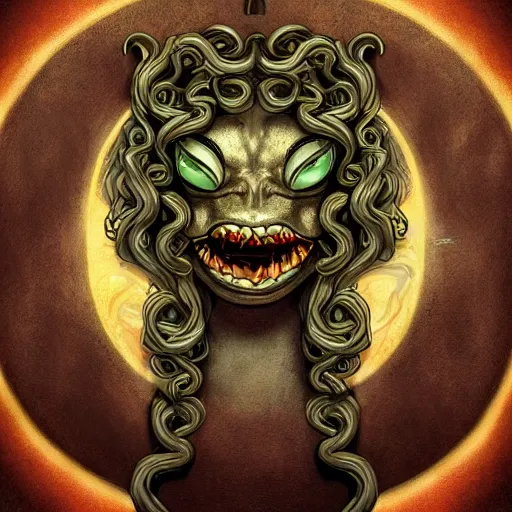 Image similar to torquoise fantasy fanged medusa, medusa head, snake heads, medusa head, snake heads, medusa head, snake tongue, snake tongue, snake eyes, hair made of snake eyes, fantasy game art, fantasy rpg, league of legends