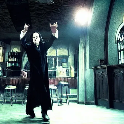 Prompt: Severus Snape dances in a bar, realistic, full body, very detailed, super realistic