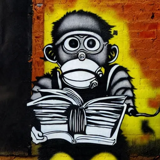 Prompt: a single Monkey reading a book, wearing a gas mask, graffiti, edge to edge, solid color background intricate, highly detailed, smooth, sharp focus, detailed face and body, high contrast, art by banksy