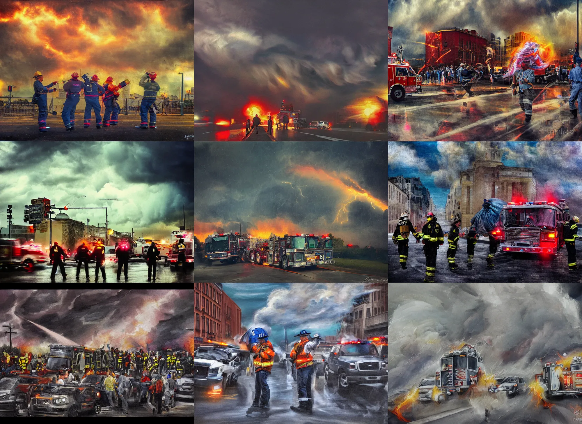 Prompt: fema sorcerers fighting a hurricane, telephoto, painting in luminist style, romanticist style, sirens, flares, firetrucks, cityscape, foreboding, clouds, figurative art, crowds, sirens, flares, gritty