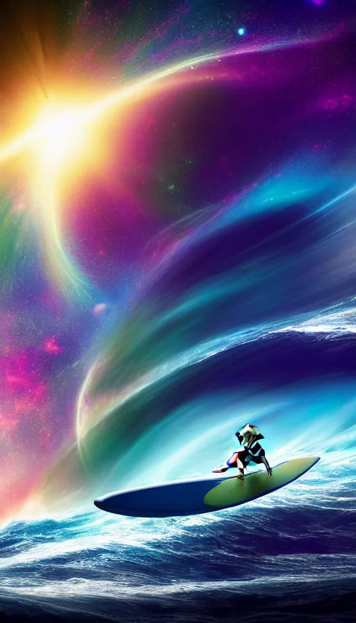 Image similar to beagle dog surfing a surfboard on a crashing l wave of alien ocean in space, background is an alien galaxy, aliens in the background, alien colors, octane render, unreal engine, wide view, 8 k, high detaild