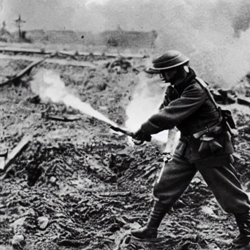 Prompt: black & white cat operating first world war flamethrower in the battle of the somme
