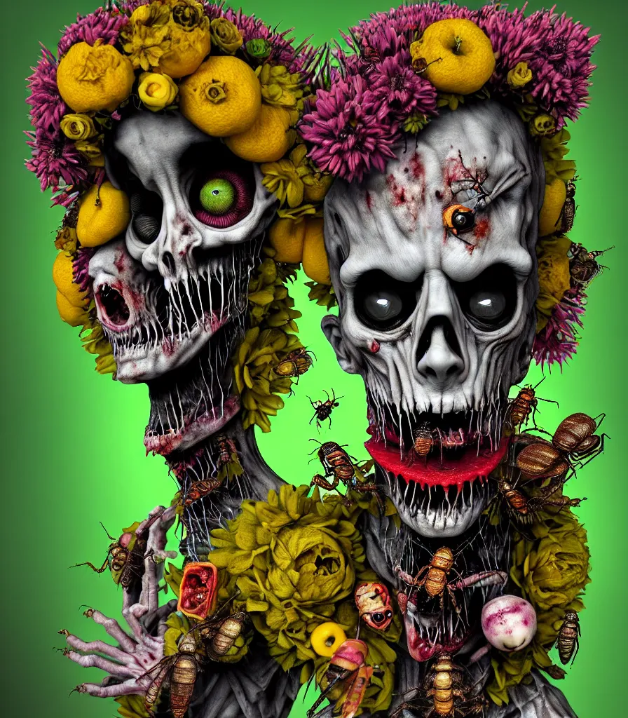 Prompt: portrait of a punk rock teenage zombie alien made out of flowers, fruit and insects in the style of arcimboldo and hieronymous bosch, baroque, surreal, high quality octane render, artstation, cartoonish, highly detailed