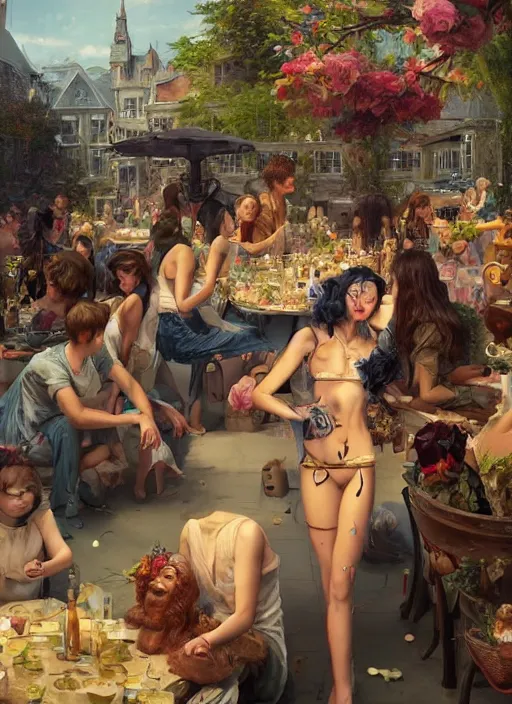 Image similar to beautiful fantasy painting scene of a busy summer day party, by Kenne Gregoire, James Jean, Tran Nguyen, WLOP, Jakub Rebelka. trending on Artstation, 8k, masterpiece, face enhance, graffiti paint, fine detail, full of color, intricate detail, golden ratio illustration