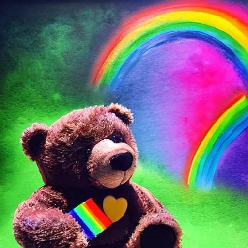 Image similar to teddy bear vomiting rainbow, photorealistic