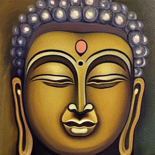 Image similar to a painting of a buddha with his eyes closed, an oil on canvas painting by ram chandra shukla, shutterstock, figurativism, creative commons attribution, photoillustration, fractalism