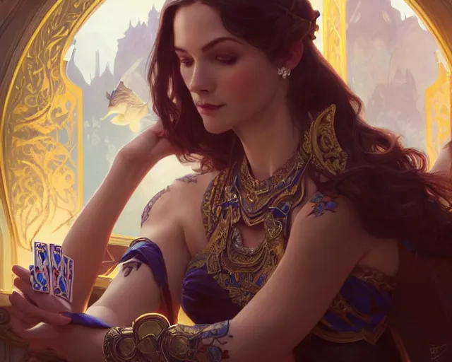 Image similar to royal flush, all in, poker, winner, smirk, deep focus, d & d, fantasy, intricate, elegant, highly detailed, digital painting, artstation, concept art, matte, sharp focus, illustration, hearthstone, art by artgerm and greg rutkowski and alphonse mucha