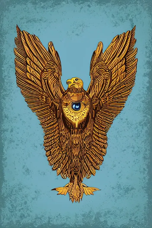 Prompt: Portrait of a golden steampunk eagle, medieval, colorful, illustration, highly detailed, simple, smooth and clean vector curves, no jagged lines, vector art, smooth