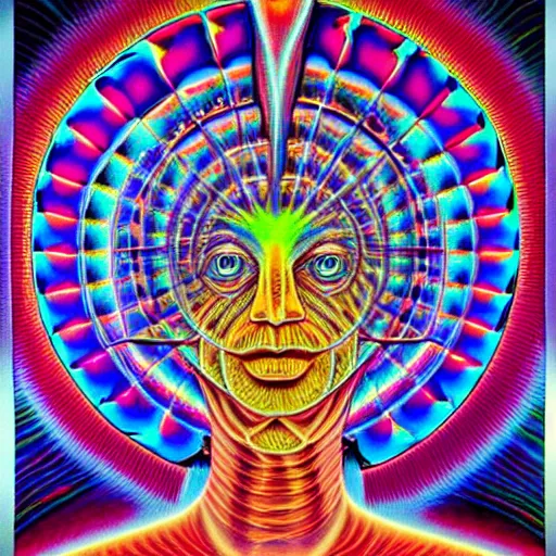 Prompt: realistic detailed image of the human consciousness contained in a vessel that is a vast holographic universal mind by Alex Grey, Terence McKenna, and Adam Jones, Psychedelic, sacred geometry, rich deep colors. Alex Grey Painting, part by Cameron Grey. masterpeice