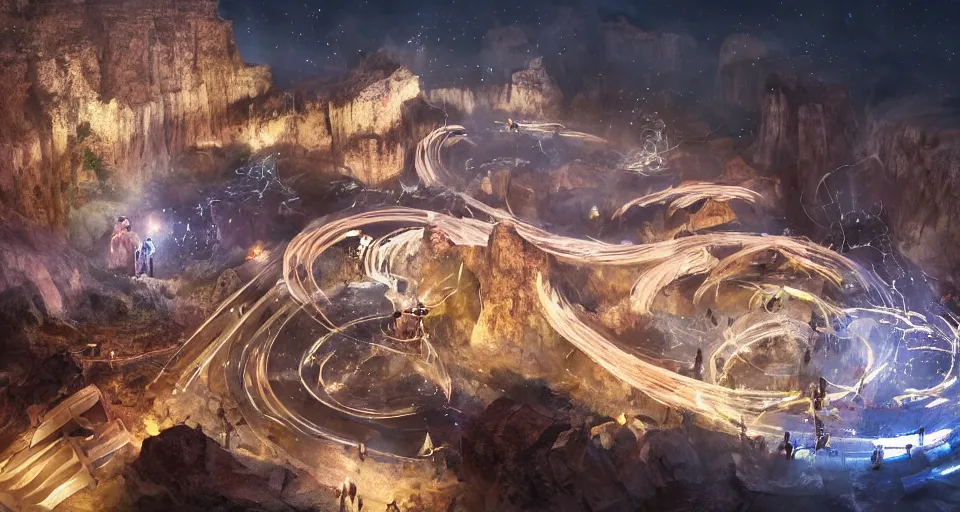 Image similar to miniature installation, macro photography, night, a lot of people and a spiral - shaped white luminous attractor is floating in grand canyon, concept art, art for the game, professional lighting, art