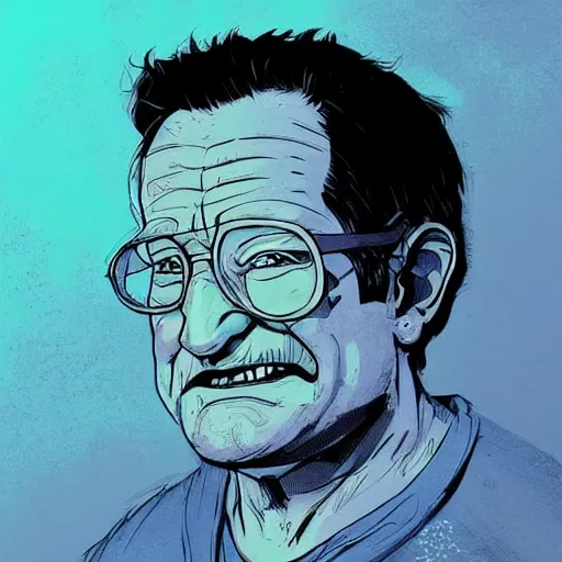 Image similar to a study of cell shaded portrait of Robin Williams concept art, llustration, post grunge, concept art by josan gonzales and wlop, by james jean, Victo ngai, David Rubín, Mike Mignola, Laurie Greasley, highly detailed, sharp focus, alien, Trending on Artstation, HQ, deviantart, art by artgem