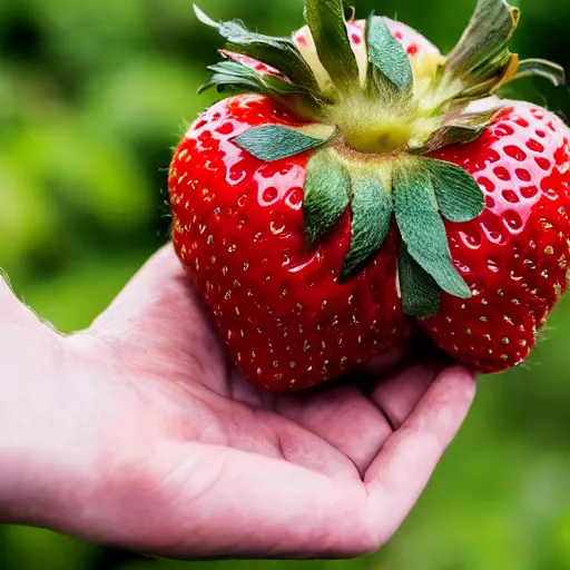 Prompt: a hand holding a giant 1 0 kg strawberry