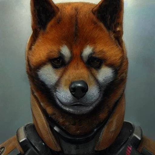 Image similar to movie : the expanse martian goliath black power armor fandom, anthropomorphic shiba inu, realistic scifi, portrait art by donato giancola and greg rutkowski, realistic face, visible face, digital art, artstation, symmetry