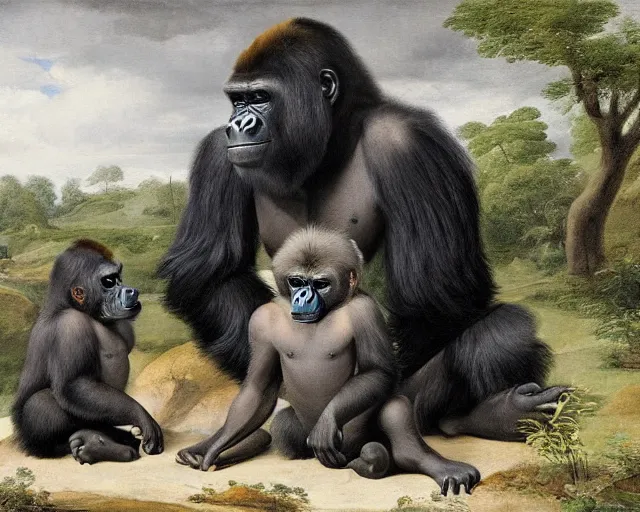 Prompt: gorilla family by pieter claesz