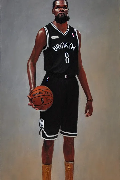 Image similar to full body portrait of the dictator of the brooklyn nets, 1 8 8 9, in full military garb, kevin durant, oil on canvas by william sidney mount, trending on artstation