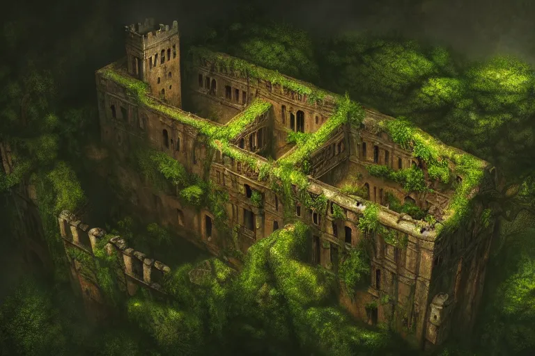 Image similar to giant ancient castle in an forest with some ivy plants on the walls, cinematic, epic, dramatic lighting from above, dark, vines, fantasy, dust, unreal engine, octane, highly detailed, concept art, dark, super realistic