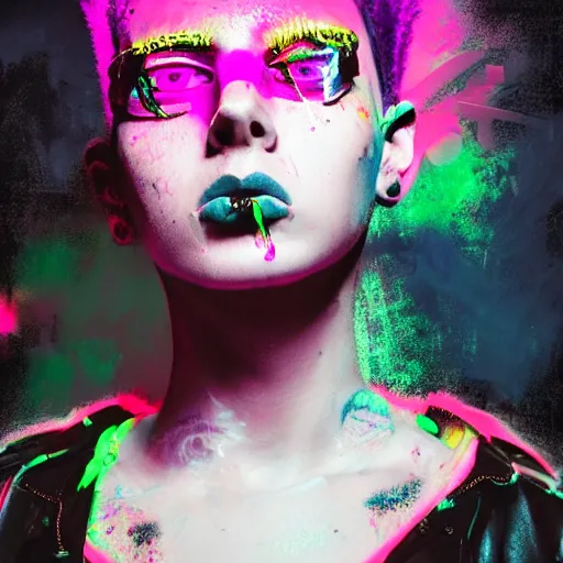 Image similar to splashes of neon, mowhawk, punk women portrait made out of paint, trending on artstation, epic composition, emotional, beautiful, rendered in octane, highly detailed, realistic, tim burton comic book art, sharp focus, unreal engine, depth of field, path tracing