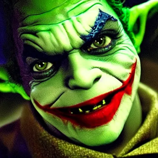 Image similar to stunning awe inspiring the joker played by yoda, movie still 8 k hdr atmospheric lighting