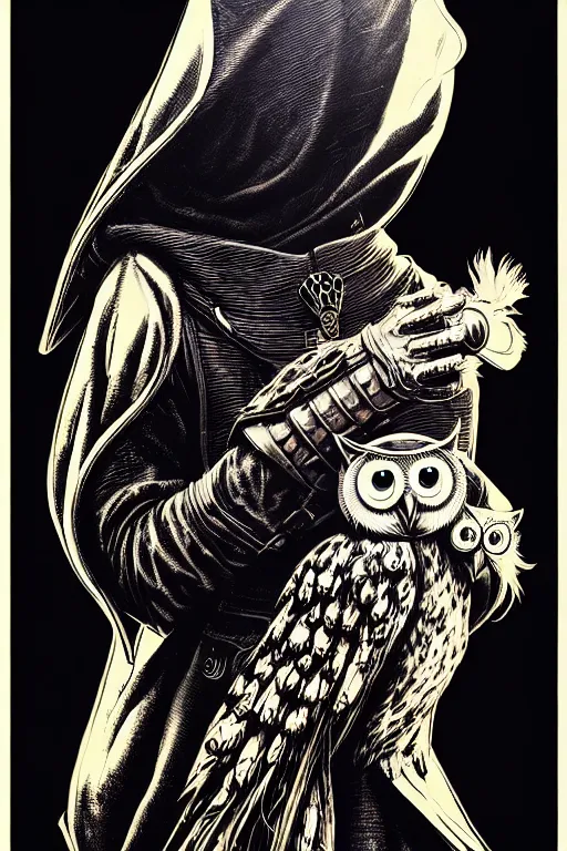 Image similar to side view of a hooded steampunk alchemist wizard holding his majestic owl on glove, high details, bold line art, by vincent di fate and joe fenton, inking, etching, screen print, masterpiece, trending on artstation, sharp, high contrast, hyper - detailed,, hd, 4 k, 8 k