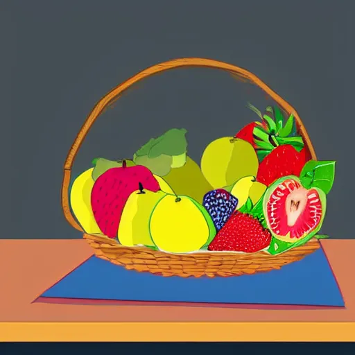 Prompt: a fruit basket on top of a kitchen table, illustration