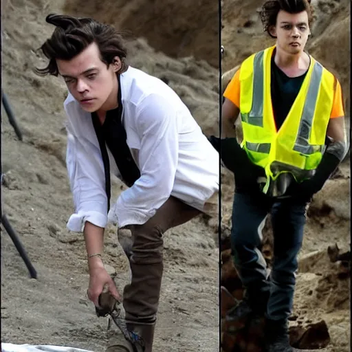 Image similar to glamorous harry styles working in a mine