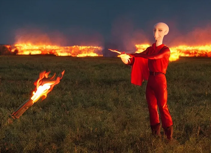 Image similar to squidward practicing firebending in an open field at susnset