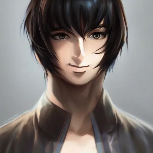 Prompt: Anime portrait of a man by Artgerm, he is about 30 years old, short black hair with bangs, his features are a mix between French, Turkish and Russian and he is wearing a beige and black utility jumpsuit, highly detailed portrait, digital painting, artstation, concept art, smooth, sharp foccus ilustration, Artstation HQ