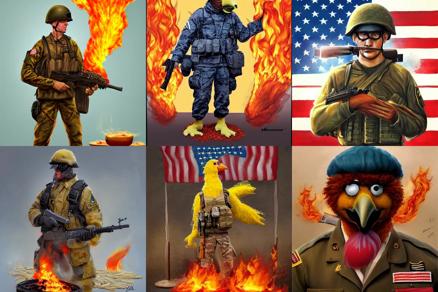 Prompt: Big bird dressed as an american soldier standing by a burning vietnamese rice patty, award-winning on artstation, Highly detailed, art by artgerm