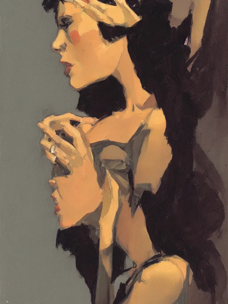 Image similar to portrait profile of one mysterious dark beautiful women in 1 9 7 8, oil painting by john watkiss