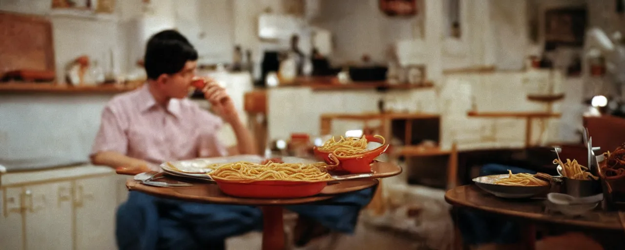 Prompt: watching tv while eating spaghetti,! alone!, 2 0 2 0, canon 5 0 mm, kodachrome, in the style of wes anderson