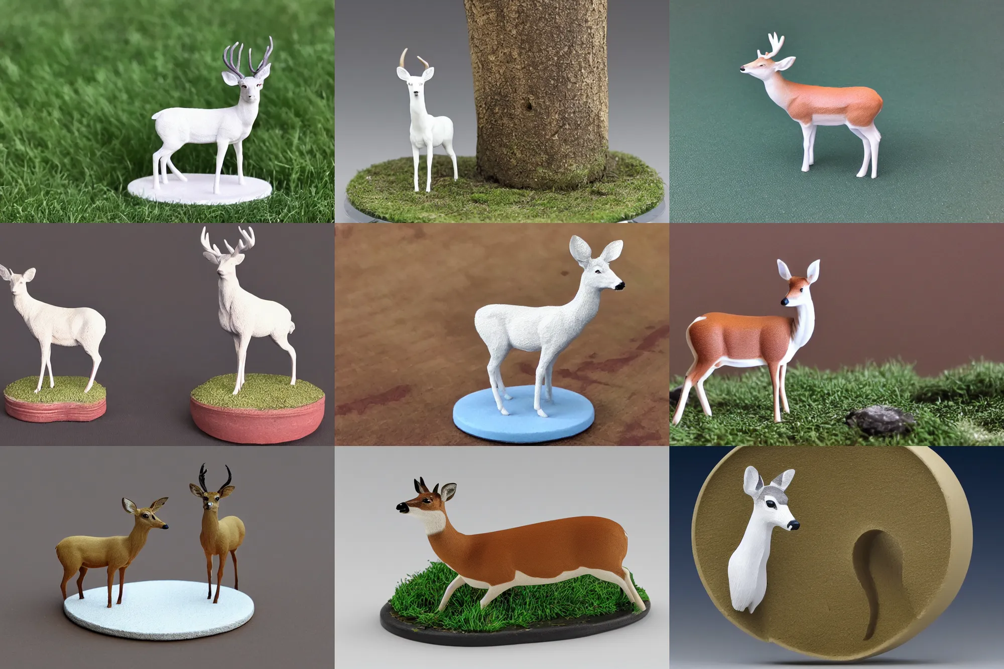 Prompt: painted 3 d printed figurine of a white - tailed deer on cylindrical base, grassy knoll