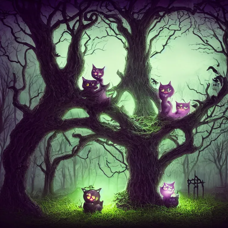 Prompt: 2 cute but spooky cats sitting next a large tree in the middle of a gothic graveyard, warm, glowing lights, tim burton style, trending on artstation, 8 k,