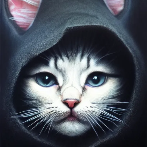 Image similar to a portrait of a kitten wearing a black hood, cloak covering face, anatomically correct, beautiful perfect face, enigmatic, oil painting, matte, black background, Volumetric dynamic lighting, Highly Detailed, Cinematic Lighting, Unreal Engine, 8k, HD, by Beksinski