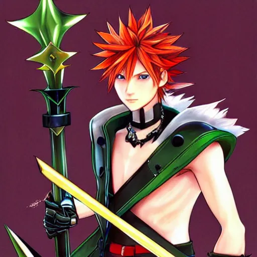 Prompt: a red haired boy with green eyes spiky hair holding an oversized elaborate Lance. Detailed. kingdom hearts concept art. Square enix. Tatsuya Nomura. By Shigenori Soejima.